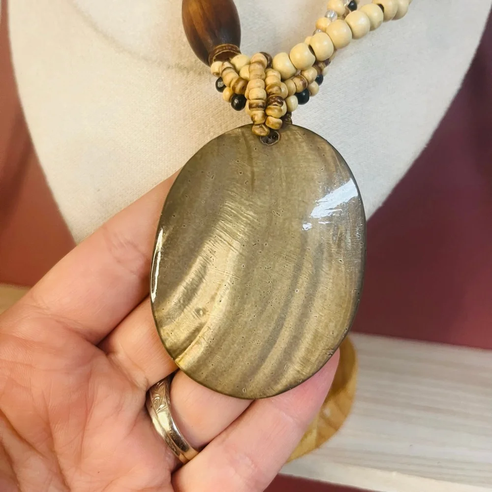 Natural Stone Beaded Necklace with Polished Shell Pendant | Boho Earthy Eclectic